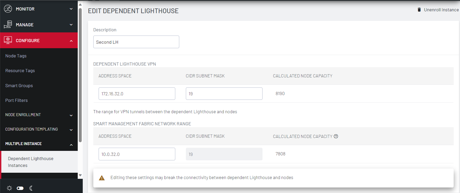 Image of Lighthouse UI showing how to configure the subnet between each secondary Lighthouse